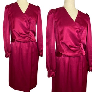 80s Albert Nipon silky magenta two piece skirt set | Vintage Albert Nipon two piece skirt and top set | 1980s Albert Nipon wrap top skirt