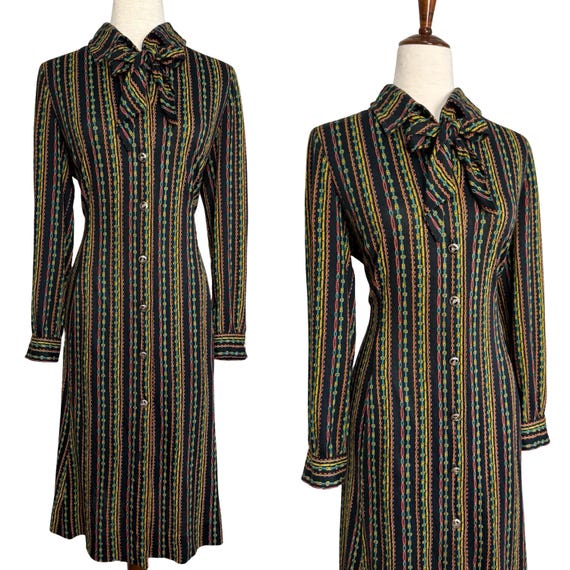 60s Abe Schrader by Belle Saunders striped jersey shirt dress with neck bow | vintage 1960s Abe Schrader striped shirt dress