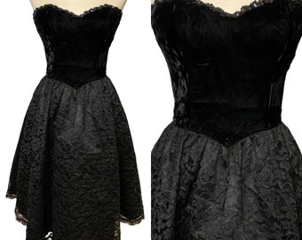 80s Gunne Sax Black Velvet Strapless Dress | Vintage Lace Cocktail Party