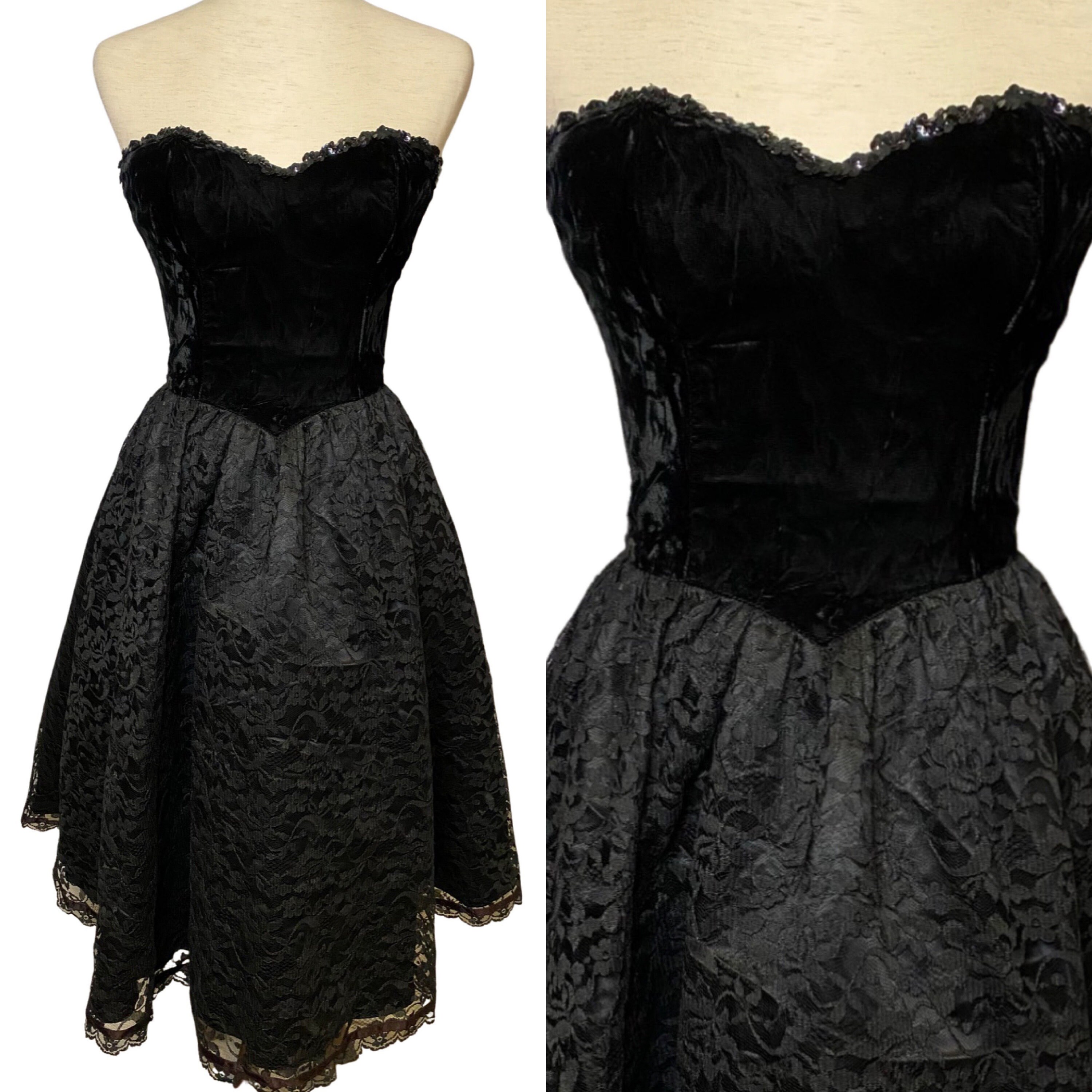 80s Gunne Sax Black Velvet Lace Strapless Party Dress