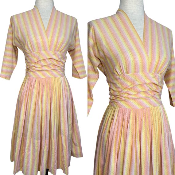 50s Swiss dot rainbow sherbet striped dress | vin… - image 1