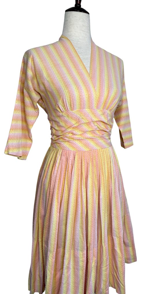 50s Swiss dot rainbow sherbet striped dress | vin… - image 3