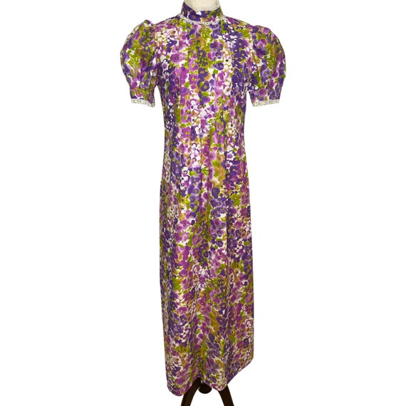 70s bright watercolor floral high neck maxi dress… - image 2