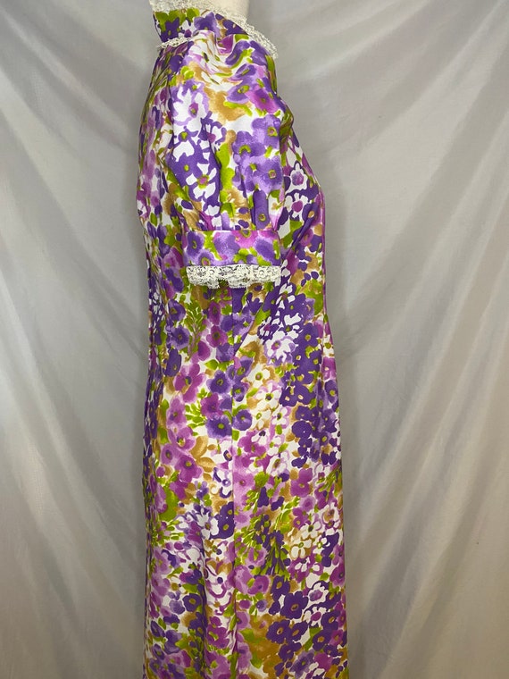 70s bright watercolor floral high neck maxi dress… - image 7