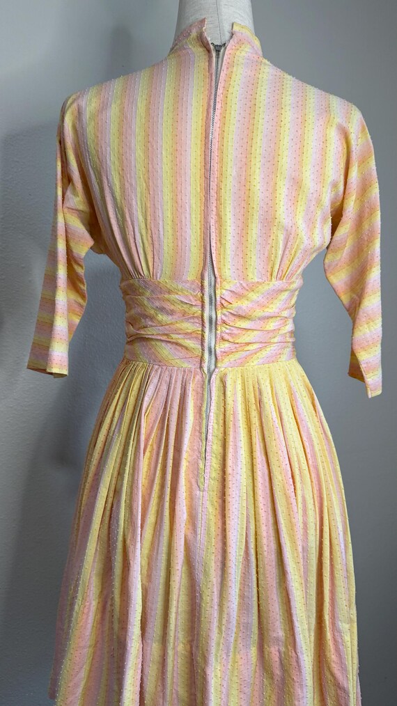 50s Swiss dot rainbow sherbet striped dress | vin… - image 12