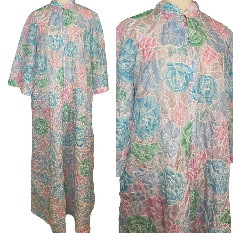 STELLA FAGIN, vintage 1960s Robe, Long Airy Blue and Pink Embossed Flower Wrap Front dressing gown