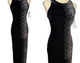 90s Black Velvet Sparkle Slinky Dress | Size 3/4, NOS
