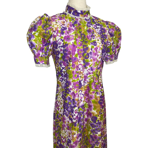 70s bright watercolor floral high neck maxi dress… - image 3