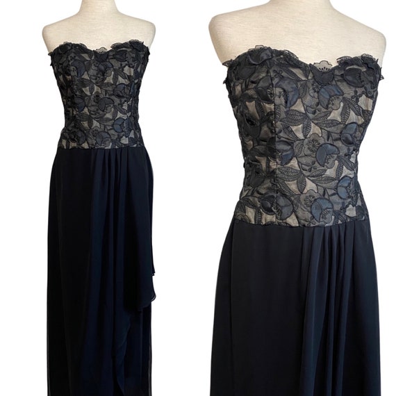 80s Victor Costa black floral strapless gown | vi… - image 1