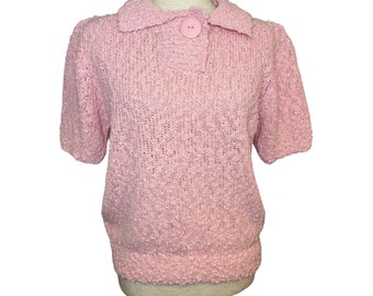 90s does 40s pink bouclé knit sweater top | vintage short sleeve boucle knit sweater | 90s does 40s boucle sweater | boucle knit sweater