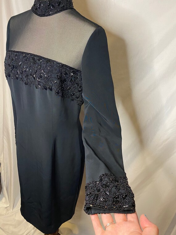 90s Oleg Cassini black tie black sheer beaded dre… - image 4