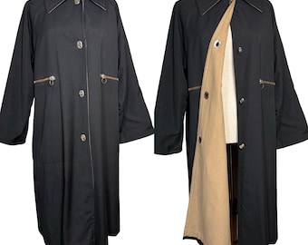 70s vintage Bonnie Cashin all weather turn lock black and tan trench coat | vintage 1970s Bonnie Cashin weather wear for Russ Taylor