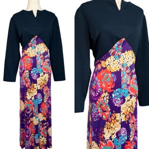 70s vibrant floral hostess dress | 1970s bright floral maxi dress | vintage plus size floral hostess dress | 1970s volup floral dress