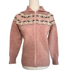 80s Moffat Weavers pink wool zip up sweater | vintage wool zip up fair isle sweater | 1980s Moffat Weavers pink zip up sweater