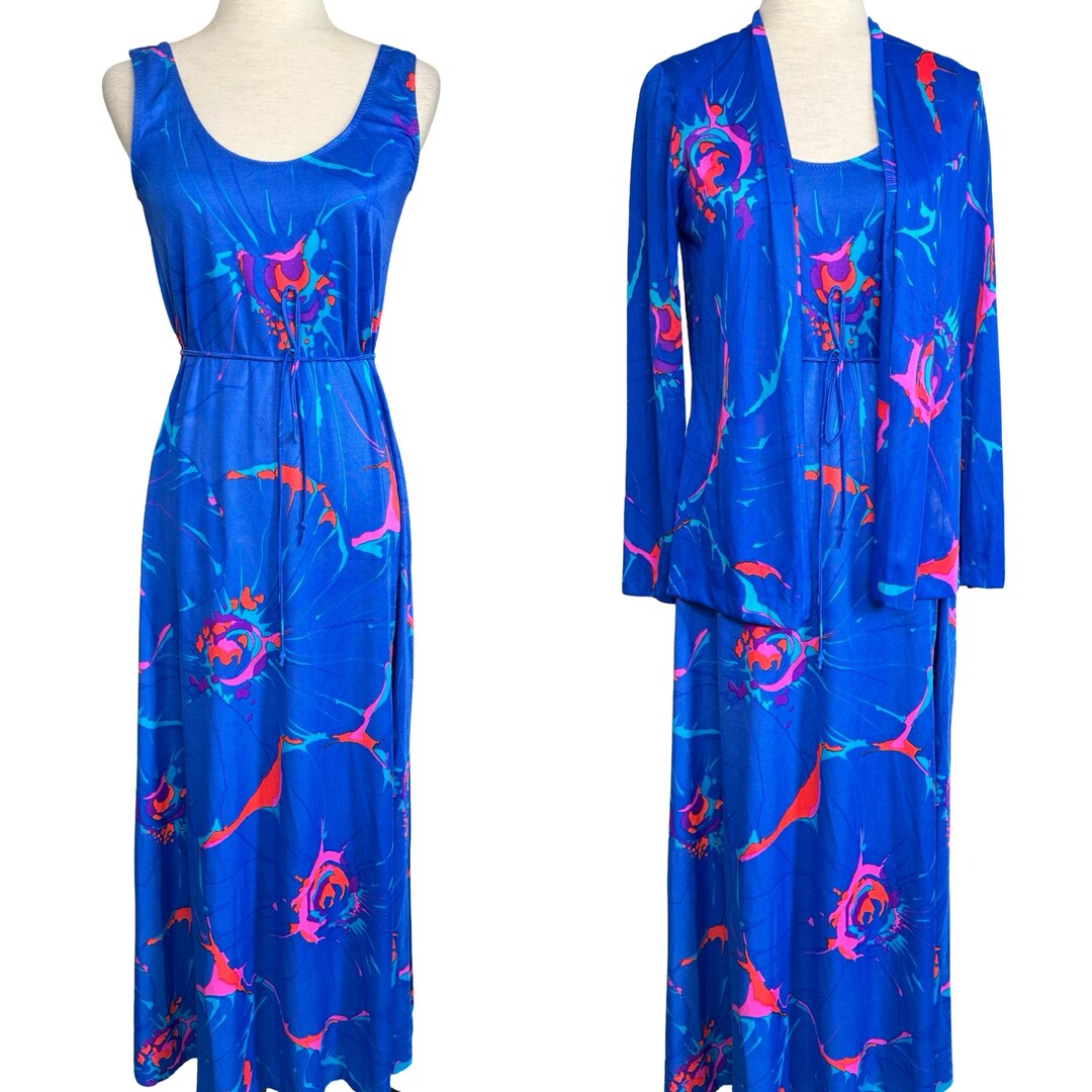 Vintage 70s Kamehameha Hawaiian Maxi Dress Set | Bright Floral Nylon - Etsy