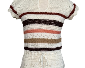 70s Striped Pointelle Knit Top | Vintage Cap Sleeve Blouse