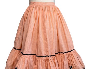 Vintage 50s Orange Gingham Circle Skirt | Ruffle Square Dancing Skirt