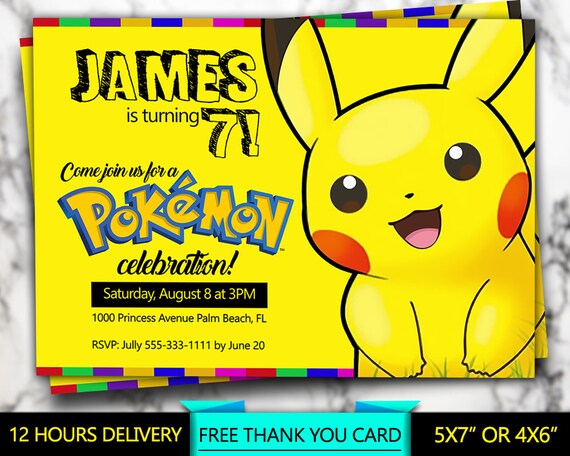 pokemon invitation yellow pokemon invite personalized birthday party invitation printable digital file free thank you card pokemon invitation