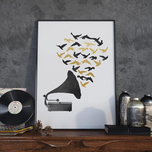 Gramophone print - music poster - bird wall decor - music room decor - music lover gift - black and gold room decor - flying bird decor