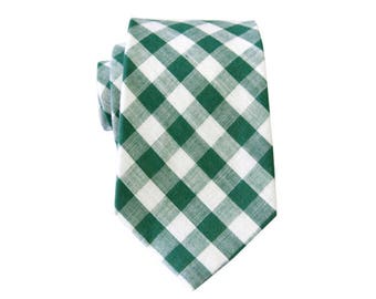 Kelly Green Plaid Tie. Mens Gingham Slim Cotton Tie
