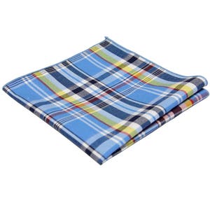 Blue Madras Pocket Square.100% Cotton Blue Madras Plaid Handkerchief.Blue Check Hankies.Wedding Hankies.Gift Set.