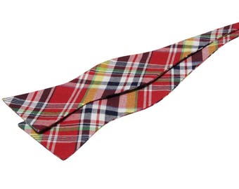 Red Plaid Self Tie Bowties.Red Freestyle Bowtie.100% Cotton.Mens Untied Bowties. Bowtie for Prom.Party.Wedding.