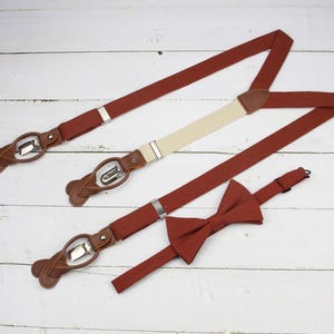 Cinnamon Fliege & Hosenträger Set - Terrakotta Leinen Hosenträger für Kleinkind Kinder Jungen Jugend Männer - Hochzeit Groomsmen Bräutigam