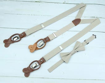 Beige Bow Tie & Suspenders Set -  Neutral Tan Linen Bowtie Suspenders for Toddler Kids Boys Youth Men -