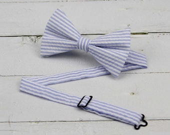 Light Blue Seersucker Bowtie: Striped Wedding Bow Tie