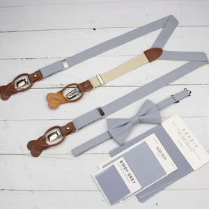 Dusty Blue Linen Bow Tie - Dusty Blue Suspenders - Mens Light Dusty Blue Bowtie Suspenders for Men and Kid