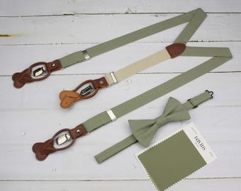 Eucalyptus Linen Bow Tie - Sage Green Suspenders - Mens Pale Sage Green Bowtie Suspenders for Men and Kid