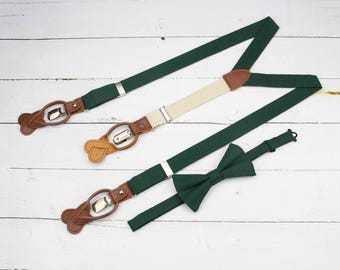Dark Green Bow Tie & Suspenders Set - Juniper Emerald Linen Bowtie Suspenders for Toddler Boys Kids Youth Men - Wedding Groomsmen Groom