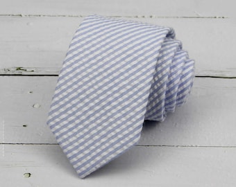 Blue Seersucker Ties - Mens Light Blue Stripe Tie - Slim Necktie for Kids Boys Men -