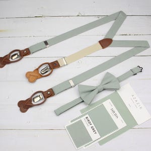 Dusty Sage Linen Bow Tie - Dusty Sage Suspenders - Mens Dusty Sage Color Bowtie Suspenders for Men and Kid