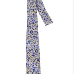 May include: A white tie with a blue and yellow floral pattern.
