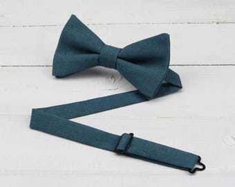 Teal Blue  Bow Tie - Indigo Blue Color Pre-tied or Self-tied Linen Bowties, Toddler Boys Kids Youth Mens Size. Wedding Groomsmen Groom