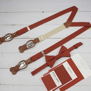 Cinnamon Linen Bow Tie & Suspenders Set - Terracotta Bowtie Suspenders for Men and Kid