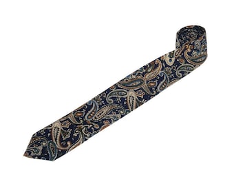 Mens Tie.Paisley Tie with Dark Blue Base.Vintage Style.Dark Blue Tie for Wedding.Cotton Skinny Tie.Mens Gift Set.Presents.