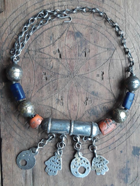 Old Tunisia Silver Necklace Coral Lapis Djerba Et… - image 1