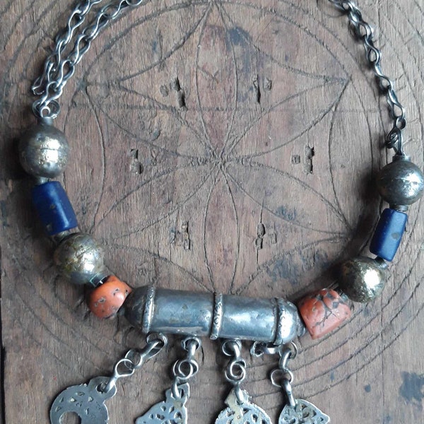 Old Tunisia Silver Necklace Coral Lapis Djerba Ethnic