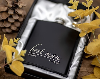 Personalised Engraved Stainless Steel (Silver/Black) 6oz Hip Flask - Funnel & Gift Box