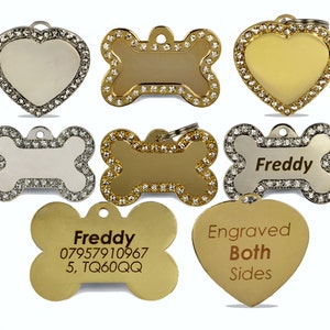 Engraved Diamante bone & heart pet tags