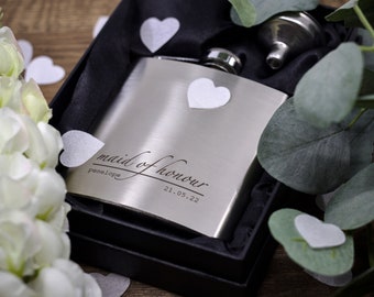 Personalised Engraved Stainless Steel (Silver/Black) 6oz Hip Flask - Funnel & Gift Box