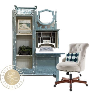 Vintage Secretary:  //Farmhouse//painted//Display Cabinet//Vintage duck egg blue