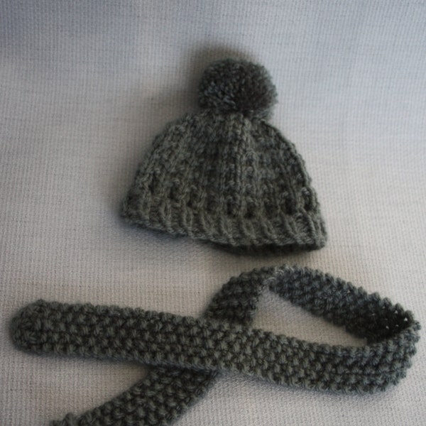 Gray wool hat and scarf for 15 inches rag doll - wool cap knitted stole