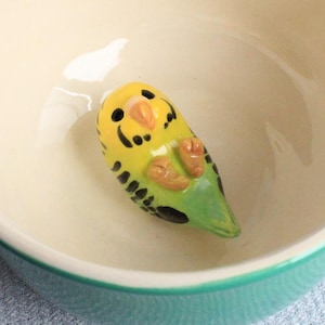 Puede incluir: Una taza de cerámica turquesa con interior crema. Una pequeña y colorida figura de periquito descansa dentro de la taza. El periquito es amarillo, verde y negro. La taza tiene un asa y un borde turquesa a juego.