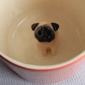 Mug ceramic coral pink coffee cup with pug dog - earthenware puppy animal figurine miniature surprise