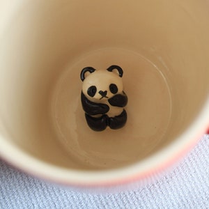 Surprise mug red ceramic tea cup with black and white panda - bear animal figurine miniature surprise