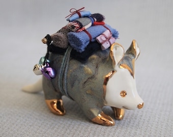 porcelain grey opossum figurine with gold and fabric luggage lantern - carrier travelling animals miniature animal package parcel