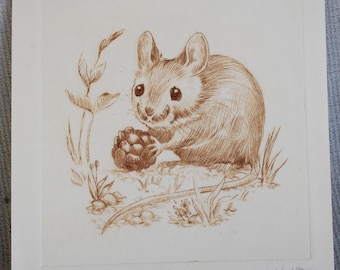 Incisione a intaglio di un topo in inchiostro nero o marrone - stampa di ratto, stampa a intaglio, puntasecca - topo selvatico